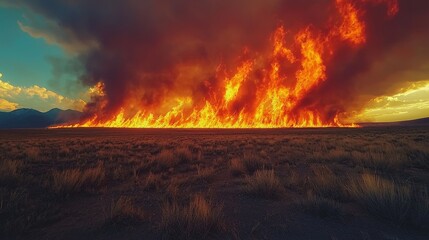 Massive wildfire consumes dry grassy plains under dramatic sky
