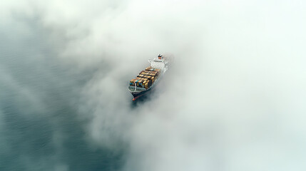 Fototapeta premium container ship navigates through heavy fog, creating dramatic scene on water. visibility is low, enhancing mysterious atmosphere