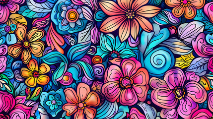 Vibrant floral pattern featuring colorful flowers and swirling leaves on a dark background