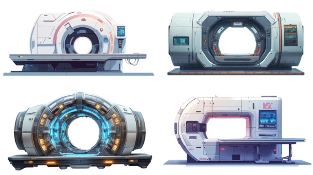 four futuristic medical scanners in different designs. The scanners are made of white, gray, and silver materials with blue and orange accents