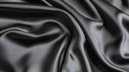 Luxurious Black Silk Fabric: Elegant Drape and Smooth Texture.  A Close-Up View of Rich, Shiny, and Soft Material.