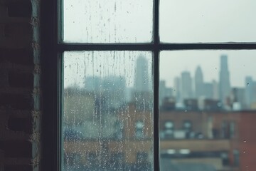 Naklejka premium Rainy Day View Through Window in Urban Cityscape