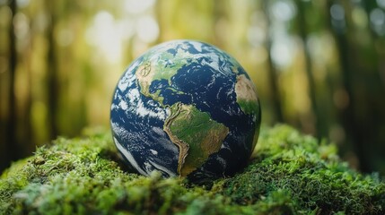 Earth globe rests on vibrant green moss, detailed continents visible. Perfect for environmental, sustainability, or nature-themed projects.