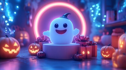 Happy Halloween Ghost with Pumpkins. Generative AI