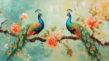 Two Peacocks Perched on Branch Amidst Blossoms
