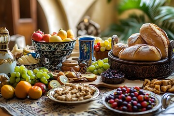 Ramadan-Themed Kitchen Setting with Fresh Fruits and Dates.