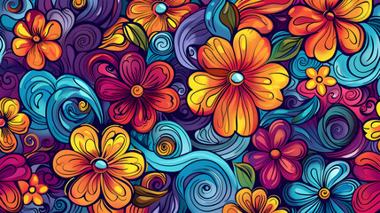 Vibrant floral pattern featuring colorful flowers and swirls, ideal for backgrounds and textiles