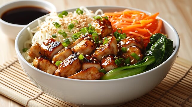 A minimalist Asian noodle bowl with stir-fried noodles, teriyaki-glazed chicken, carrots, and bok choy, garnished with sesame seeds and fresh cilantro,