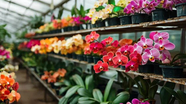Vibrant orchid display in sunlit greenhouse showcasing colorful blooms and lush foliage