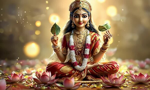 Goddess Lakshmi lotus flowers serene background spiritual art