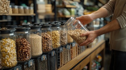 Young caucasian adult selecting grains in zero-waste store with refillable containers