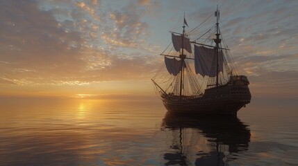 Fototapeta premium Majestic Tall Ship Sailing at Sunset Over Calm Ocean