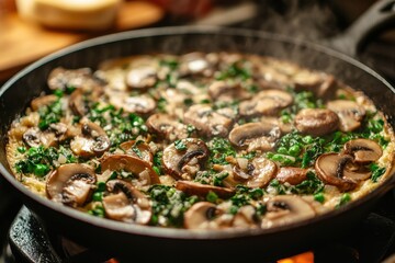 Fototapeta premium Savory mushroom and spinach frittata in a pan. Perfect for showcasing healthy, delicious meals.