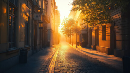 An enchanting empty city street at sunrise, golden light filtering through historic buildings, cinematic depth with a soft mist in the background