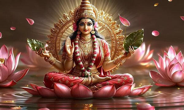 Goddess Lakshmi lotus serene water divine spiritual art