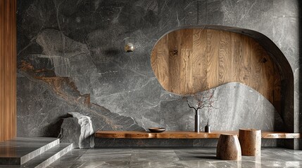 A modern interior featuring textured gray stone and wooden accents, creating a serene atmosphere with a minimalist design.