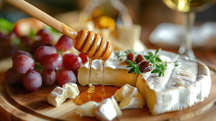 Elegant artisanal cheese board featuring creamy cheeses, drizzled honey, and fresh grapes. Perfect for upscale gatherings and gourmet events.