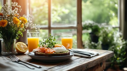 A rustic wooden table set with avocado toast layered with poached eggs and smoked salmon, garnished with microgreens and lemon slices,