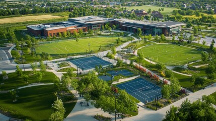 Aerial view of sports complex with soccer fields and tennis courts surrounded by lush greenery