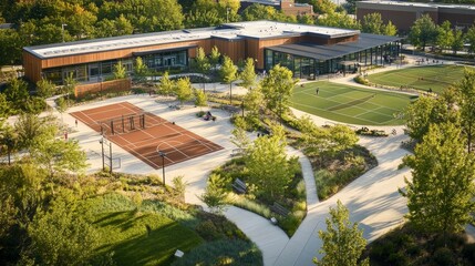 Modern sports complex with tennis and basketball courts in lush green landscape