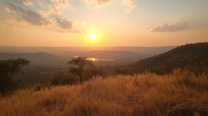Obraz premium Majestic african sunset over serene savanna landscape with golden grasslands