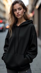 Mockup of a Young Female Model Wearing a High-Quality Black Hoodie in an Urban Setting. The model is set against a vibrant city background. Perfect showcasing modern and trendy apparel.
