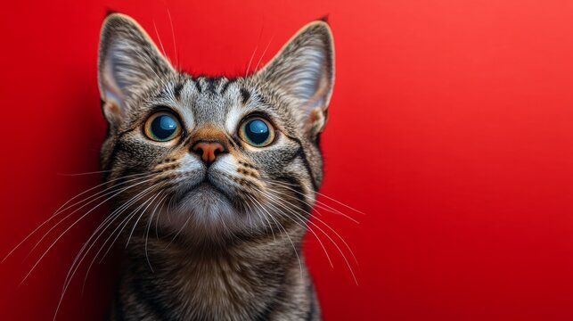 Curious tabby cat with striking eyes against bright red background