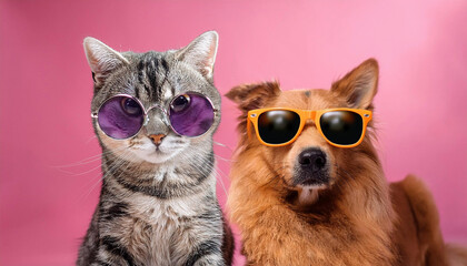 A cat and a dog, both wearing sunglasses, are smiling brightly.