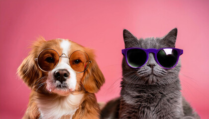 A cat and a dog, both wearing sunglasses, are smiling brightly.
