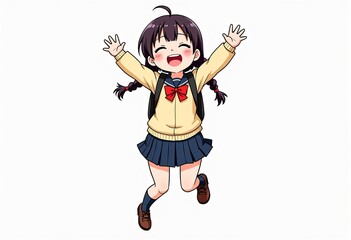 ジャンプする女子高生のベクター：パステルカラー、太いアウトライン、バックパック、デザインのための喜びに満ちた表現を持つかわいい日本のキャラクター。

