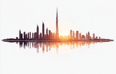 Dubai skyline sunrise reflection, urban cityscape, travel poster