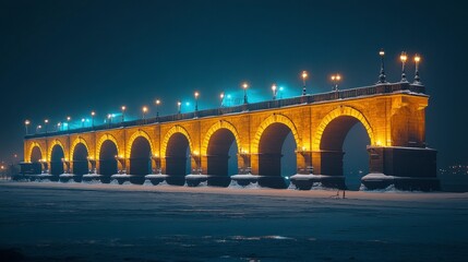 Illuminated stone bridge, winter night, snow, river