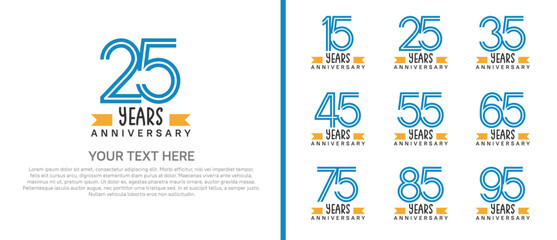 logo anniversary set. blue color with orange ribbon on white background for special event