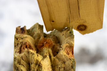 A closeup of a broken wood