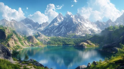 Fototapeta premium Serene Mountain Lake Landscape: A Breathtaking View of Pristine Nature