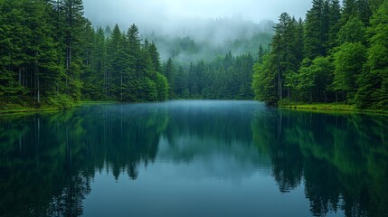Obraz premium Serene misty lake surrounded by lush pine forest on a foggy day