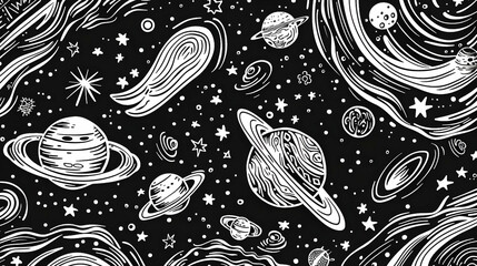 A whimsical black and white illustration of planets, stars, and cosmic elements in space