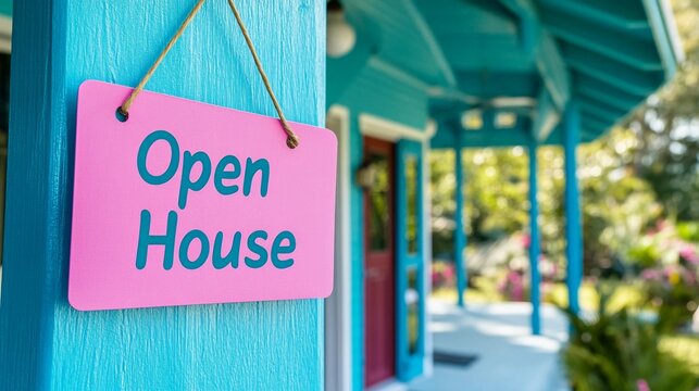 an attractive house with a close up on a colorful open house sign out front, drawing attention to the property’s potential, real estate new listings 