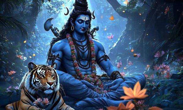 Lord Shiva meditating with tiger, forest, moonlight, spiritual art