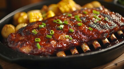 BBQ ribs slathered in tangy sauce, garnished with green onions, served on a cast-iron skillet with grilled corn on the cob and potato wedges, warm moody lighting, hd quality, bold and indulgent.