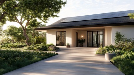 Suburban home with solar panels, paved pathway, lush landscaping, and sunlit background, ideal for real estate marketing