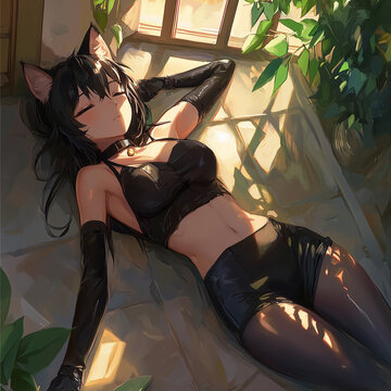 Cat girl resting in the sun