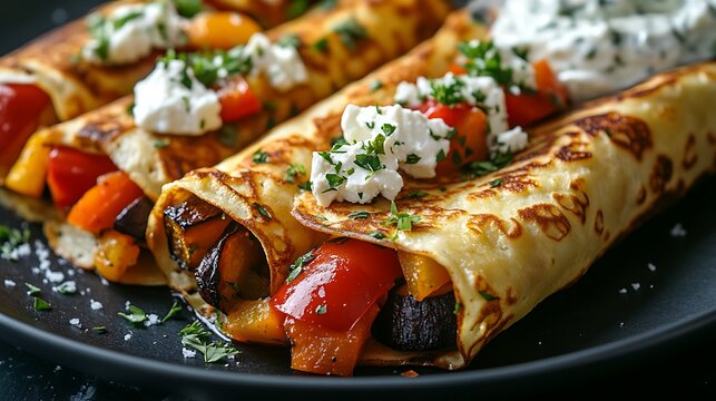 Thin savory crepes stuffed with roasted vegetables and feta cheese, lightly browned and garnished with parsley, served with a side of tzatziki, bright daylight accentuating the vibrant colors,