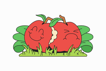 Two red apple in different emotion and condition with hand drawn illustration style