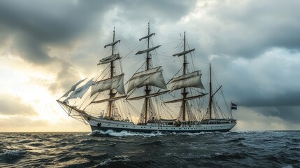 Majestic Tall Ship Sailing on a Cloudy Sea