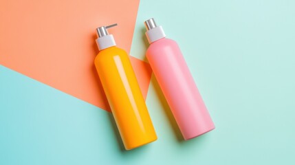 Minimalist haircare packaging featuring vibrant pink and orange shampoo bottles on a soft pastel background.