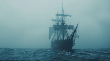 A sailing ship navigates a foggy ocean scene