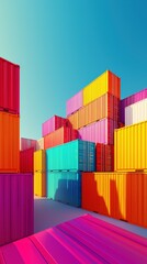 Colorful Simplified 3D Shipping Containers Stacked Against a Blue Sky Background