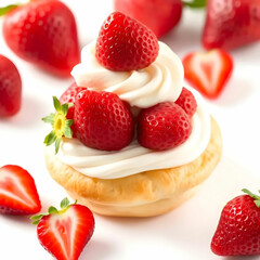 delicious cream puff with strawberries isolated on the white background