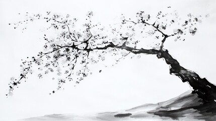 AI Generate A Classic Ink Wash Painting Of Cherry Blossoms Drifting In The Wind
